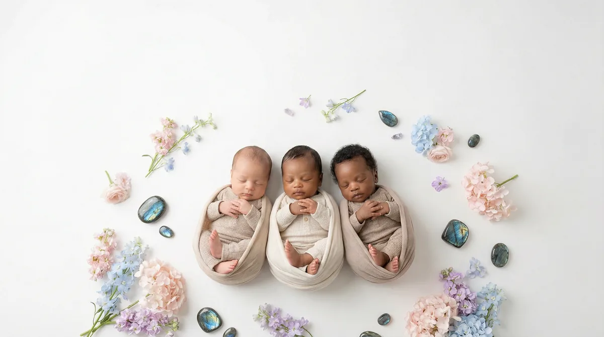 Editorial baby photoshoot with gemstones: gem labradorite iridescent
