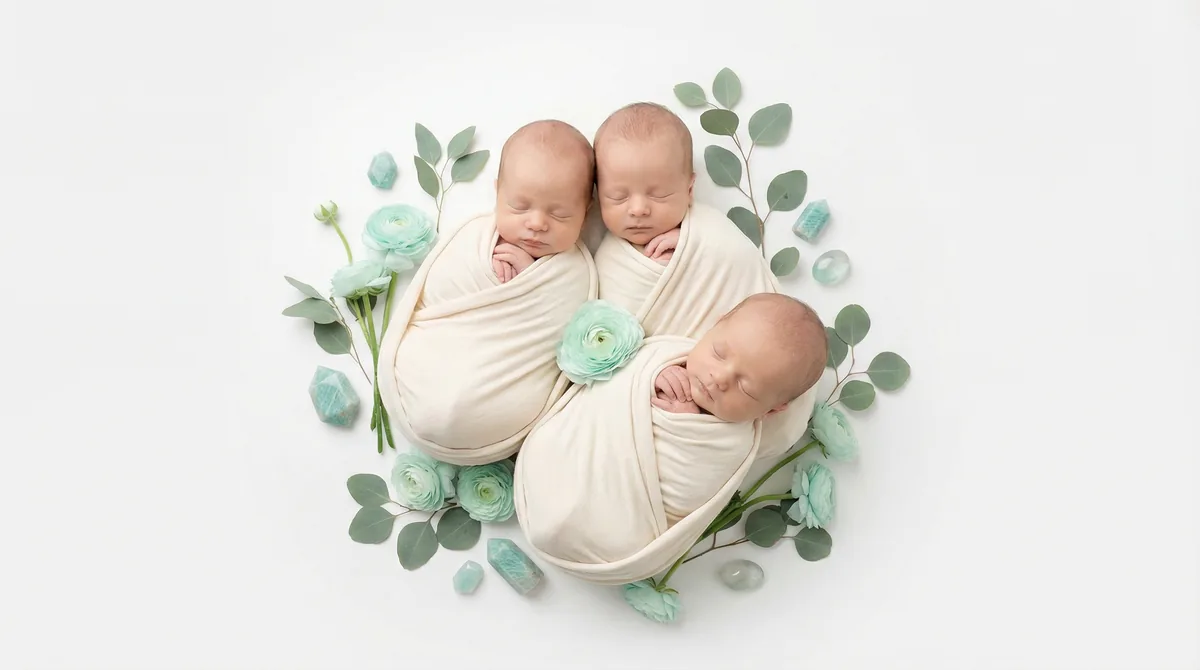 Editorial baby photoshoot with gemstones: gem amazonite mint turquoise