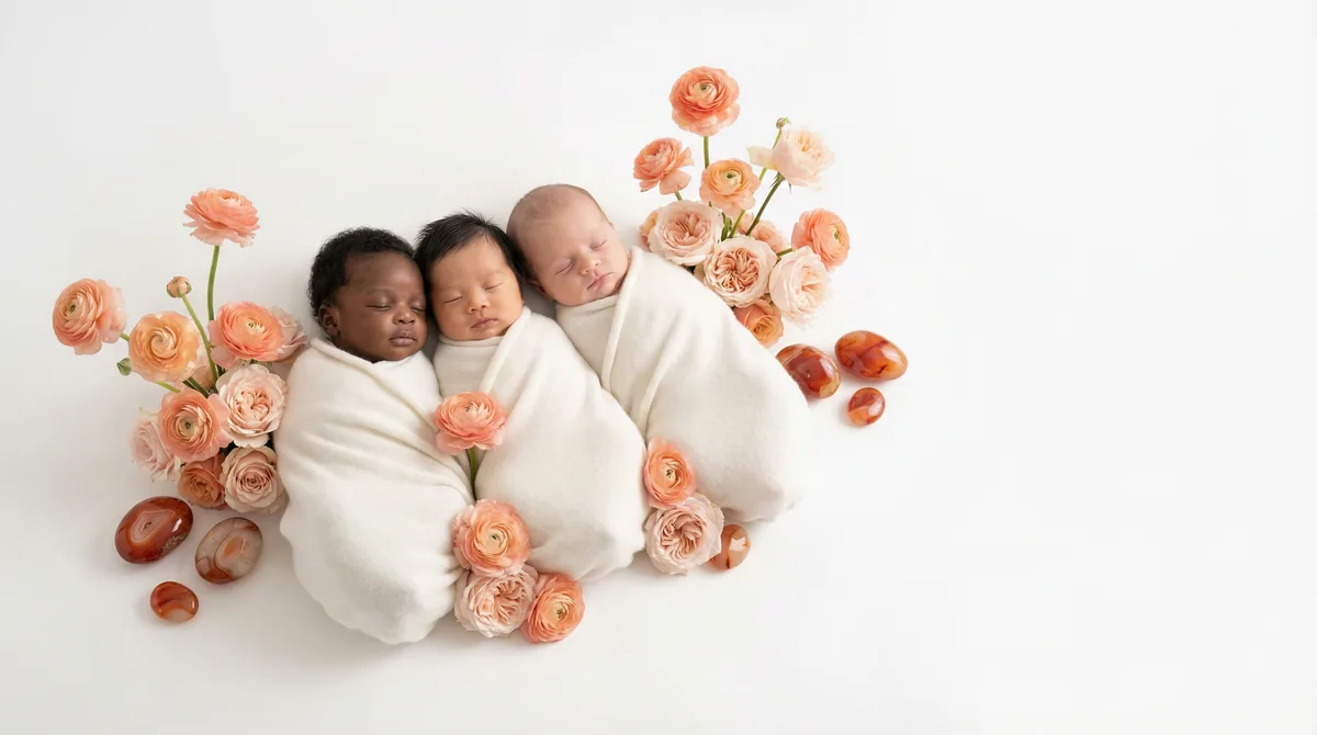 Editorial baby photoshoot with gemstones: gem carnelian coral energy