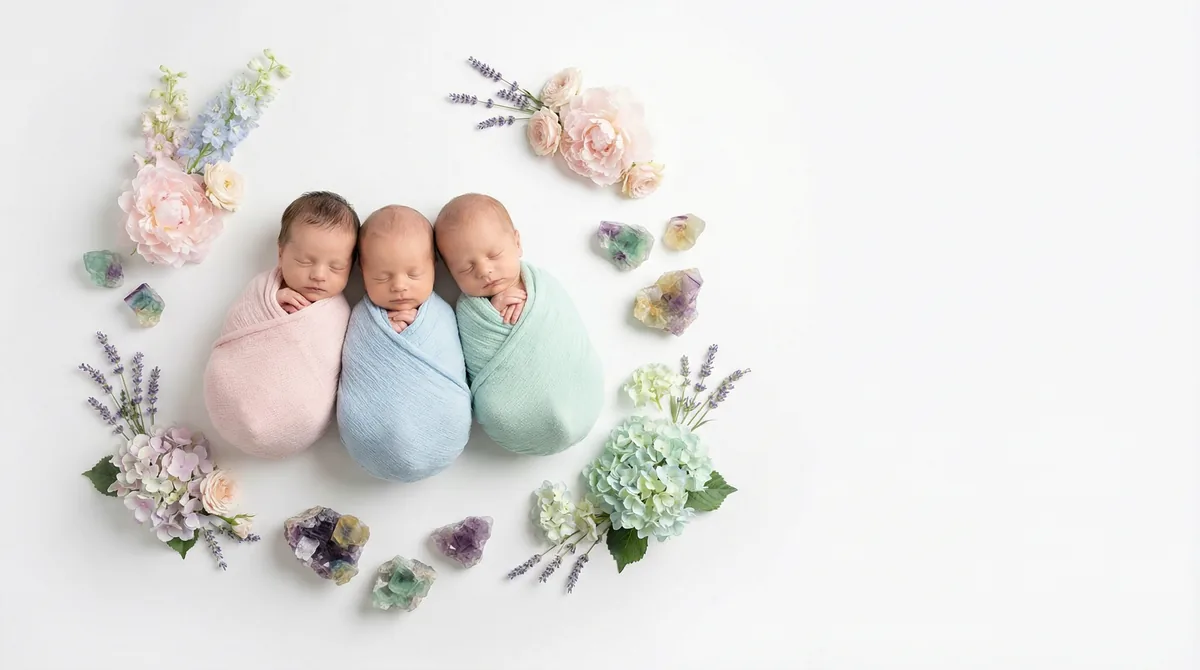 Editorial baby photoshoot with gemstones: gem fluorite rainbow pastels