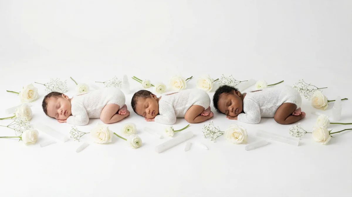 Editorial baby photoshoot with gemstones: gem selenite white purity