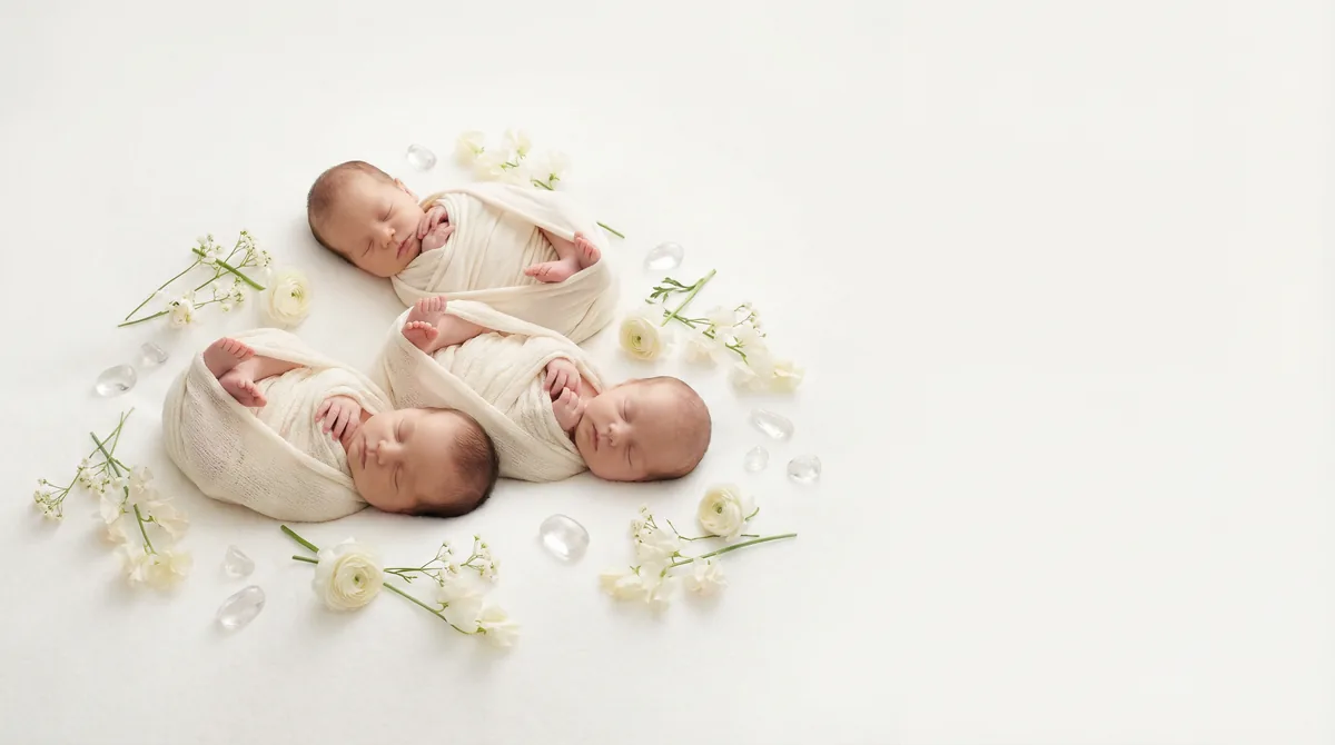 Editorial baby photoshoot with gemstones: gem clear quartz crystal clarity