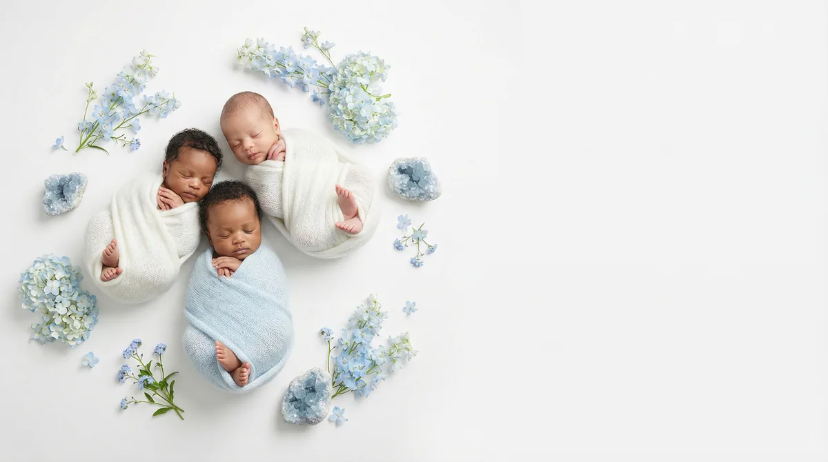 Editorial baby photoshoot with gemstones: gem celestite sky serenity