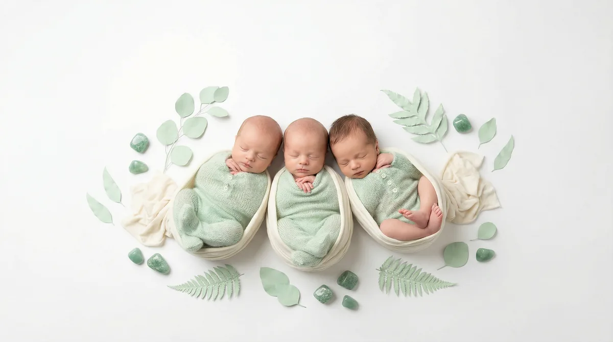 Editorial baby photoshoot with gemstones: gem aventurine green luck