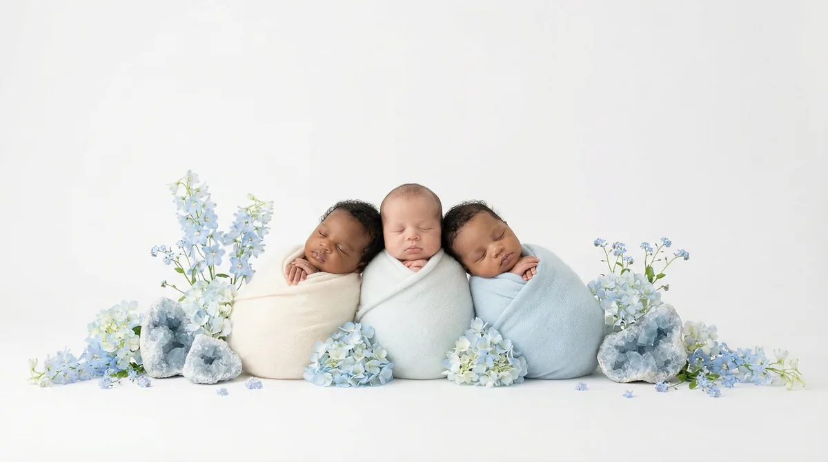 Editorial baby photoshoot with gemstones: gem celestite sky blue