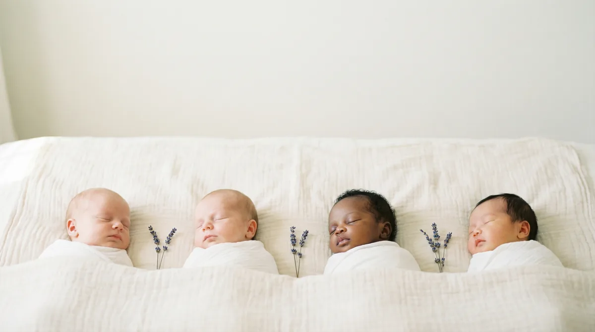 Group of newborn babies with minimal floral accents: group four babies lavender minimal