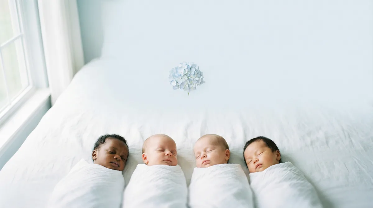 Group of newborn babies with minimal floral accents: group four babies single hydrangea