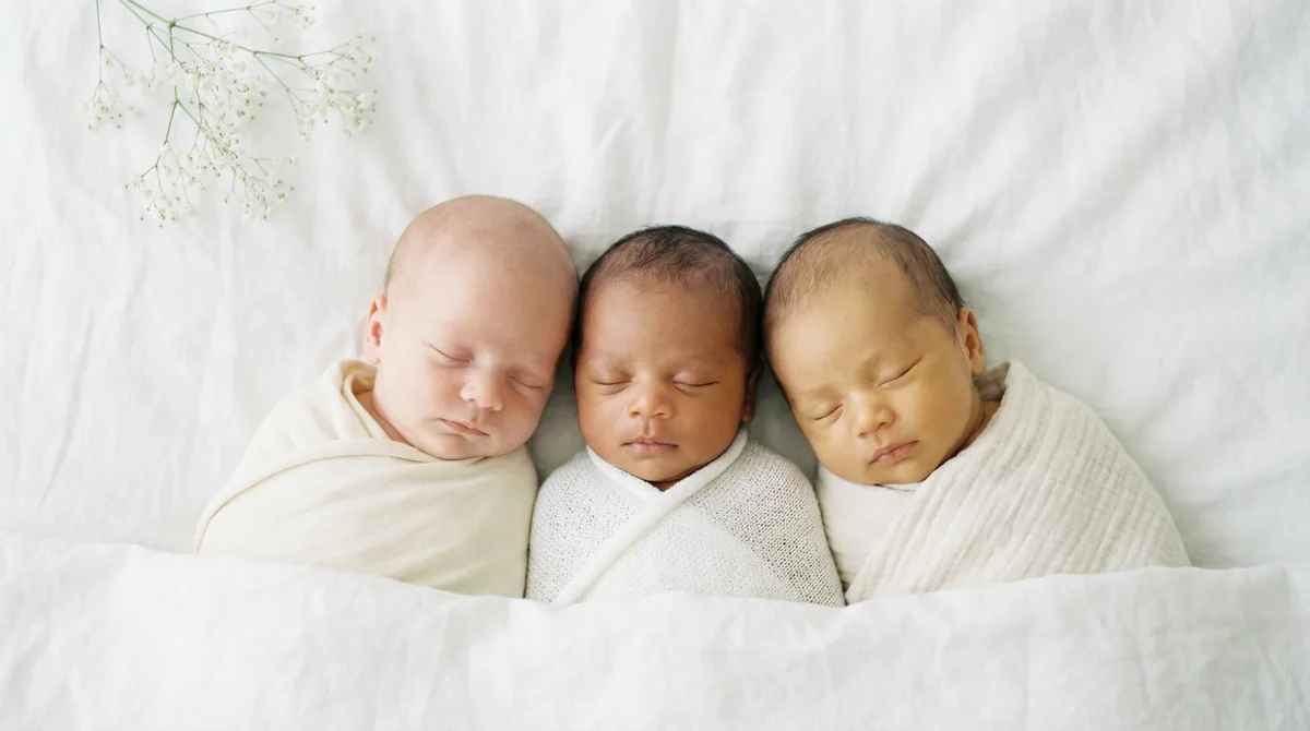 Group of newborn babies with minimal floral accents: group three babies breath minimal