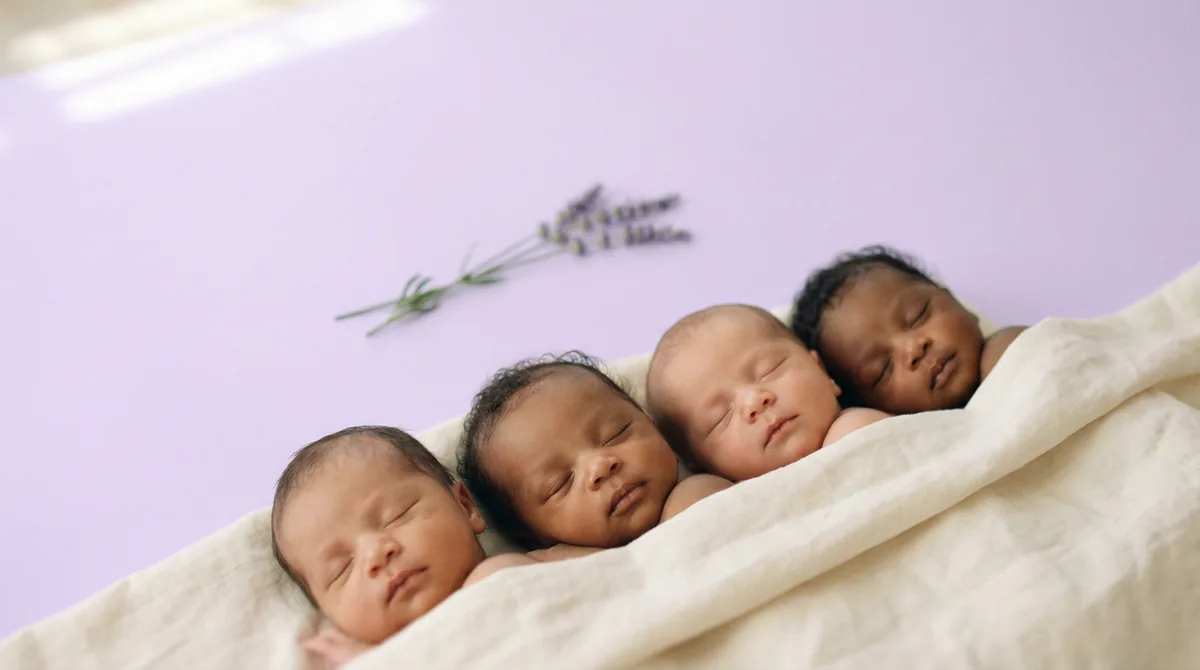 Group of newborn babies with minimal floral accents: group four babies lavender line