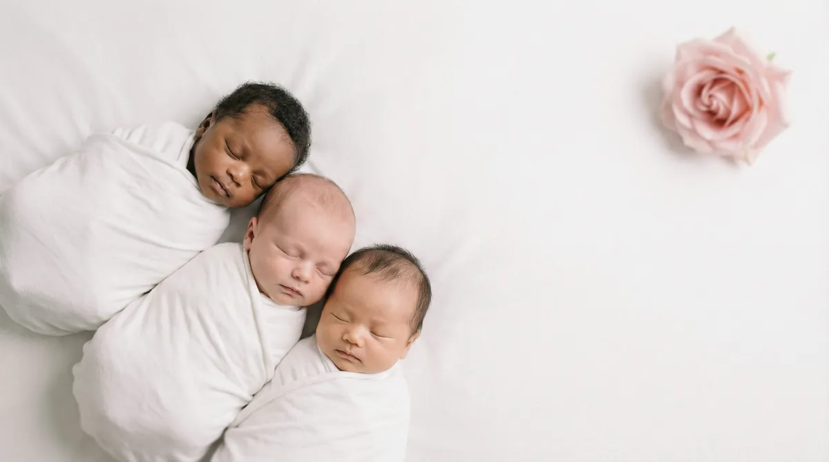 Group of newborn babies with minimal floral accents: group three babies rose corner