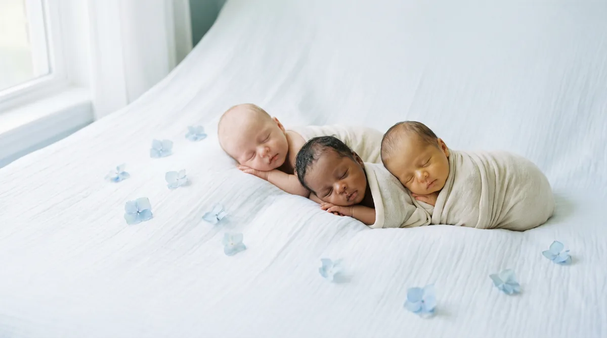Group of newborn babies with minimal floral accents: group four babies petal minimalist