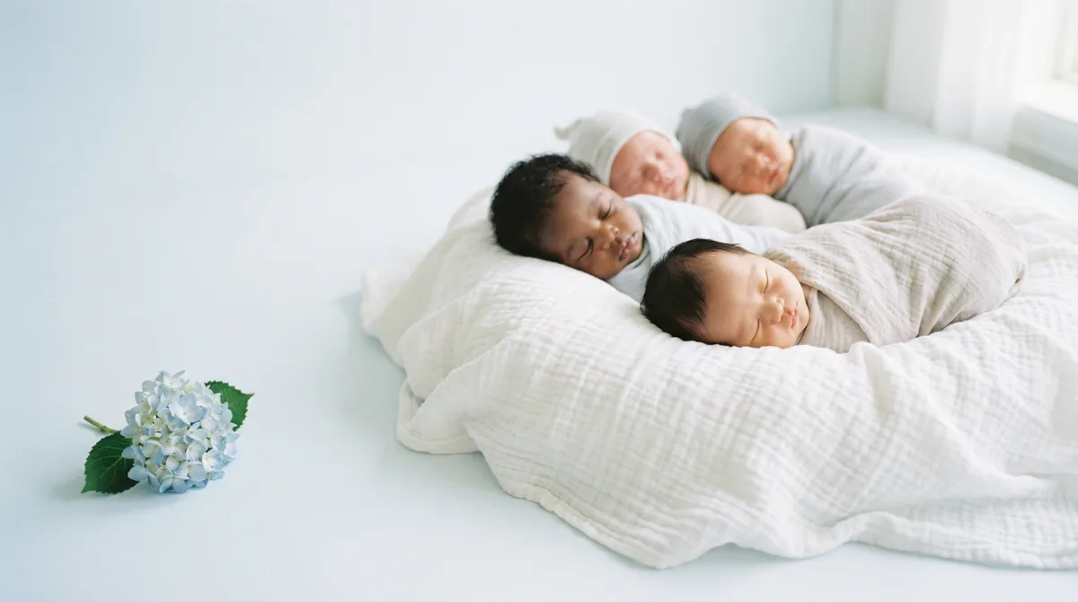 Group of newborn babies with minimal floral accents: group four babies hydrangea minimal