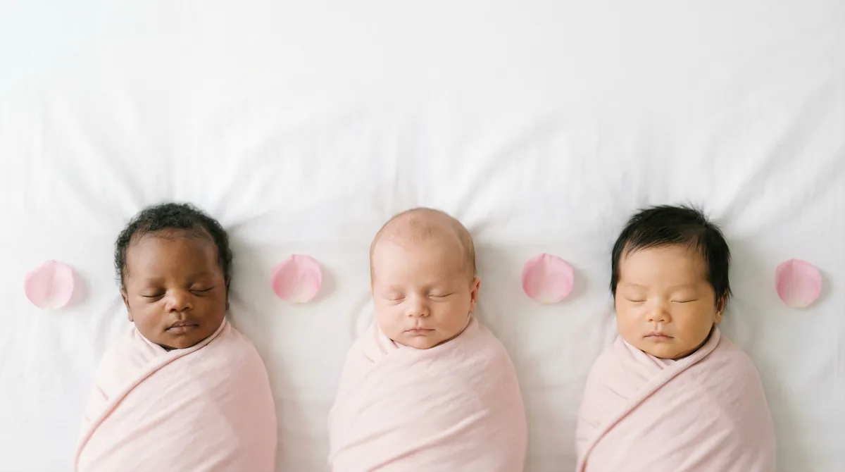 Group of newborn babies with minimal floral accents: group three babies petal trio