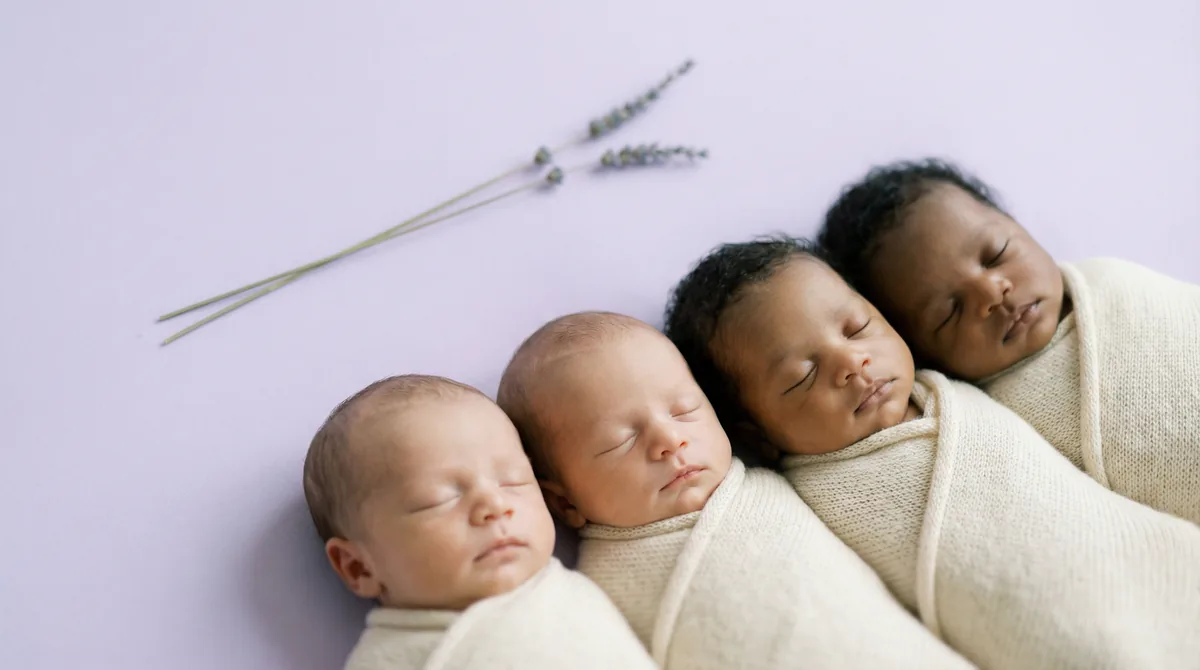 Group of newborn babies with minimal floral accents: group four babies single stem
