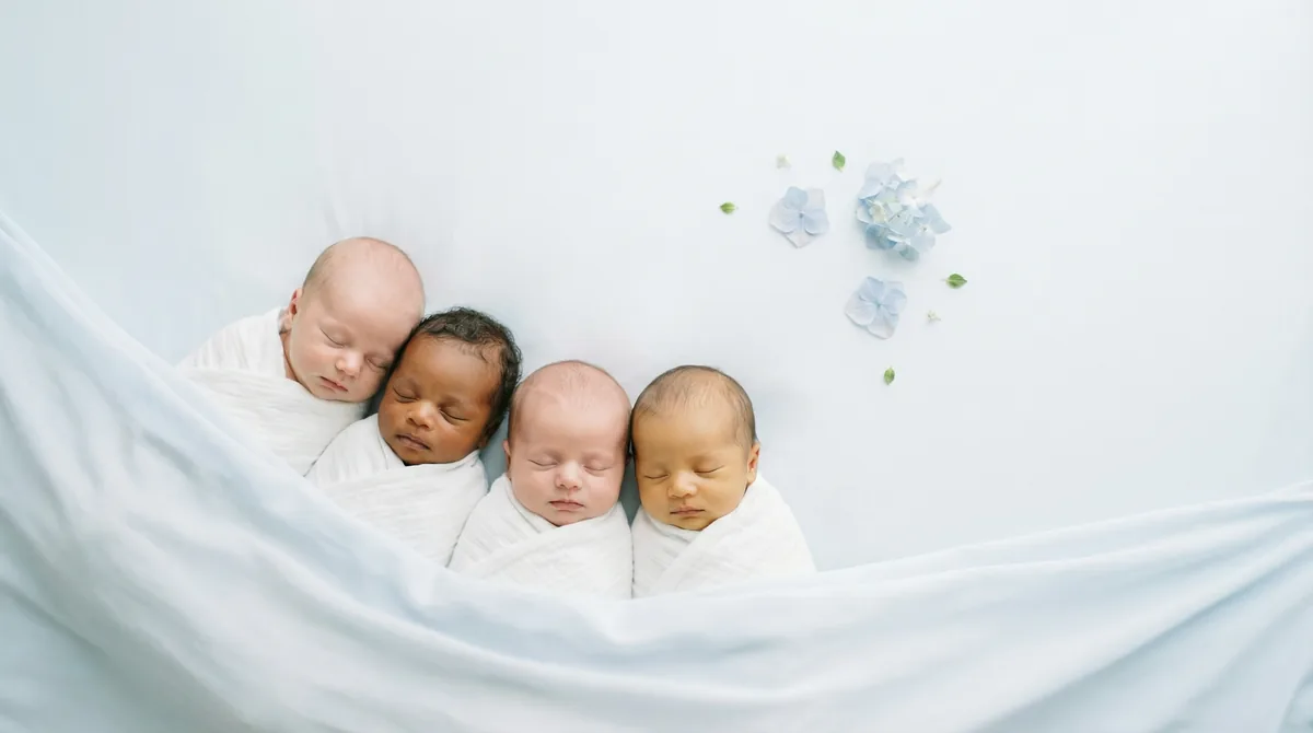 Group of newborn babies with minimal floral accents: group four babies hydrangea scatter