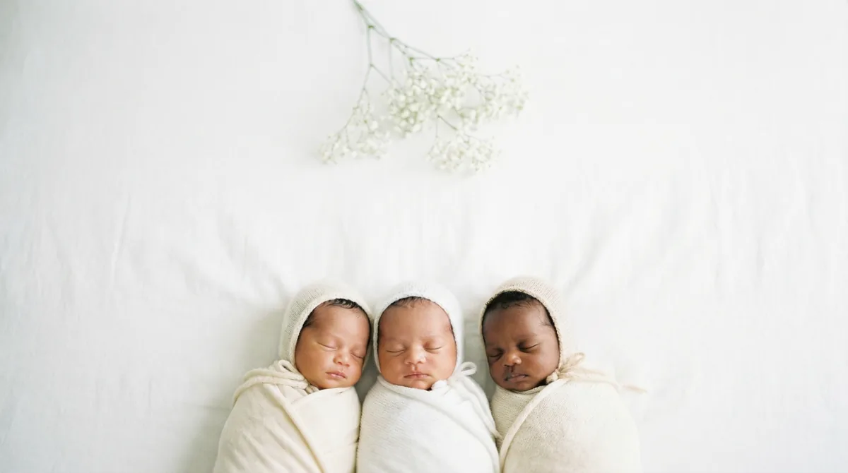 Group of newborn babies with minimal floral accents: group three babies breath minimal