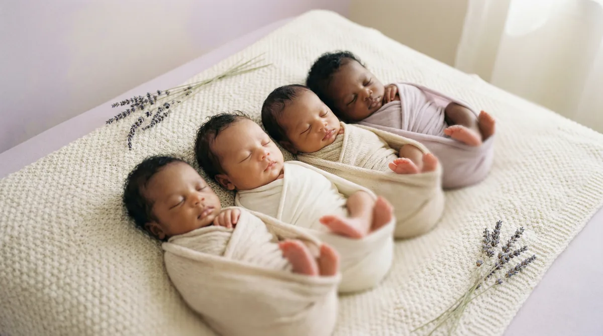 Group of newborn babies with minimal floral accents: group four babies lavender duo