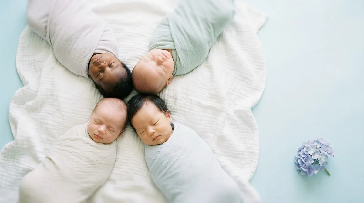 Group of newborn babies with minimal floral accents: group four babies hydrangea corner