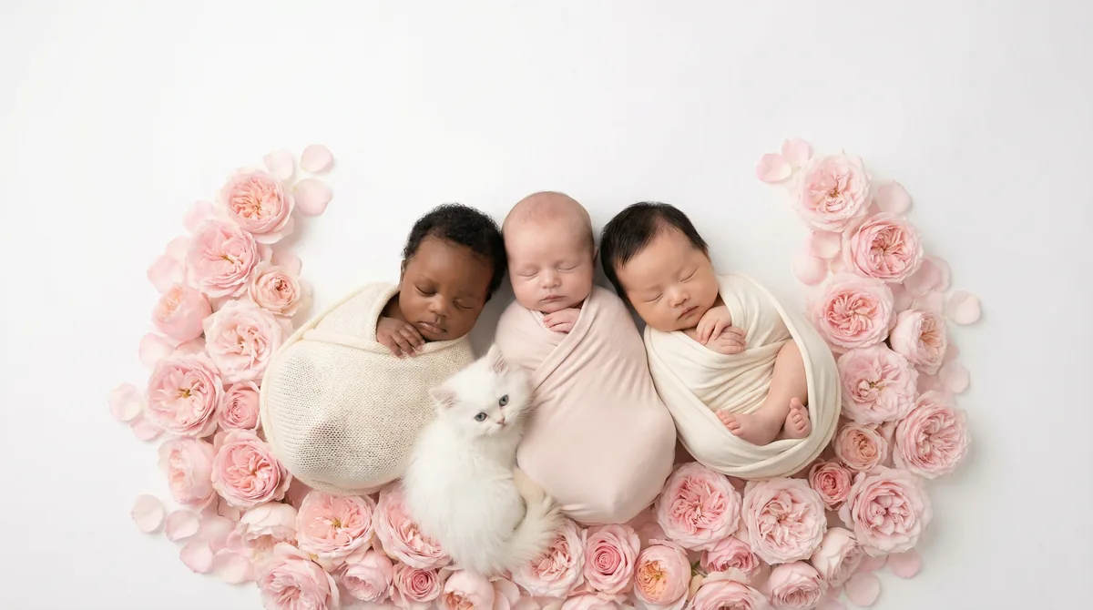 Newborn baby with kitten in fashion photoshoot featuring kitten pink roses persian