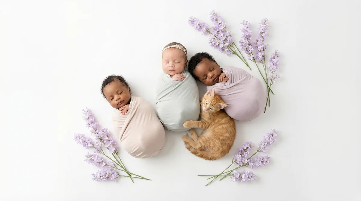Newborn baby with kitten in fashion photoshoot featuring kitten lavender tabby
