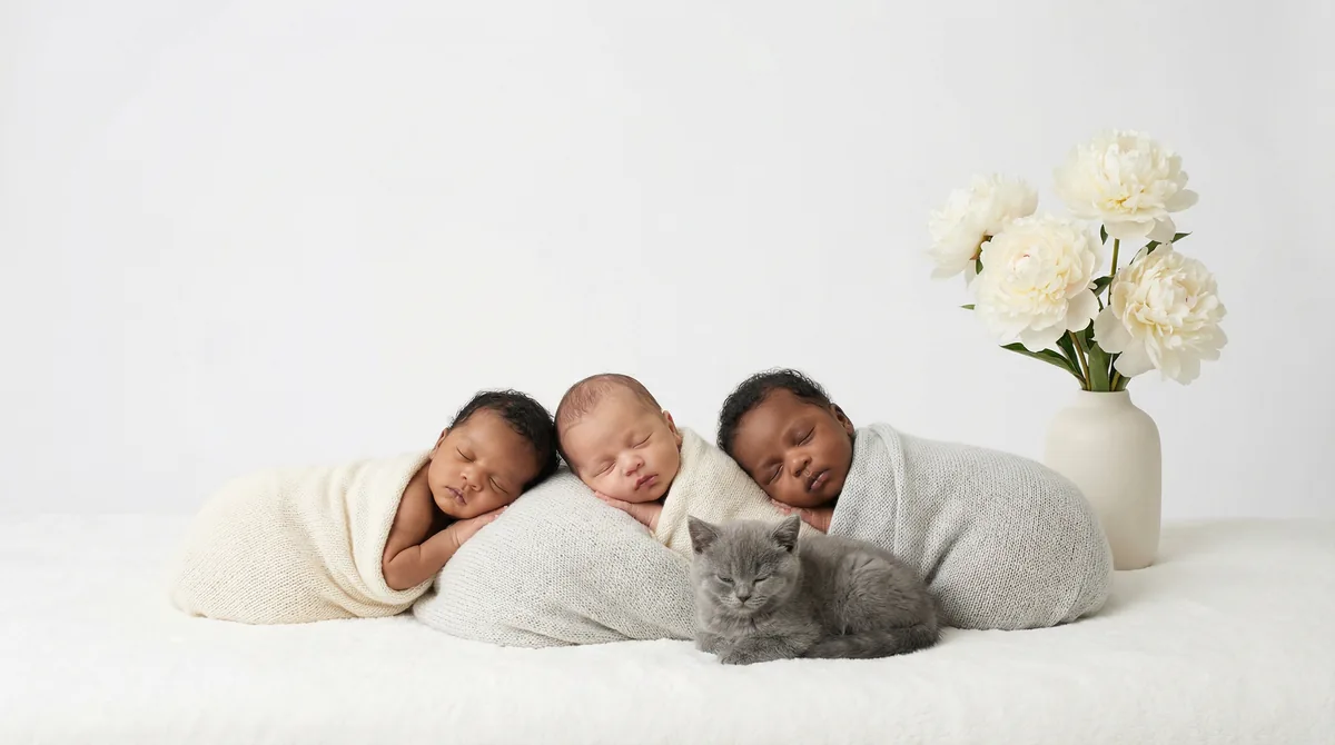 Newborn baby with kitten in fashion photoshoot featuring kitten white peonies gray