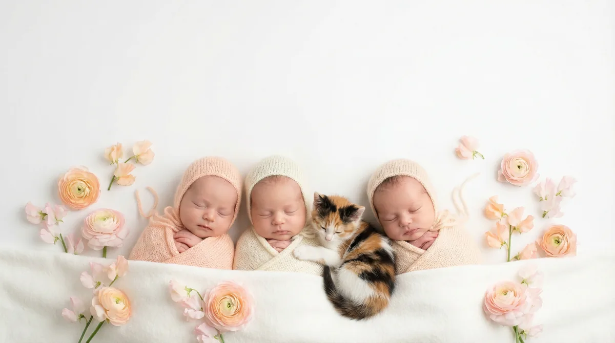 Newborn baby with kitten in fashion photoshoot featuring kitten peach blooms calico