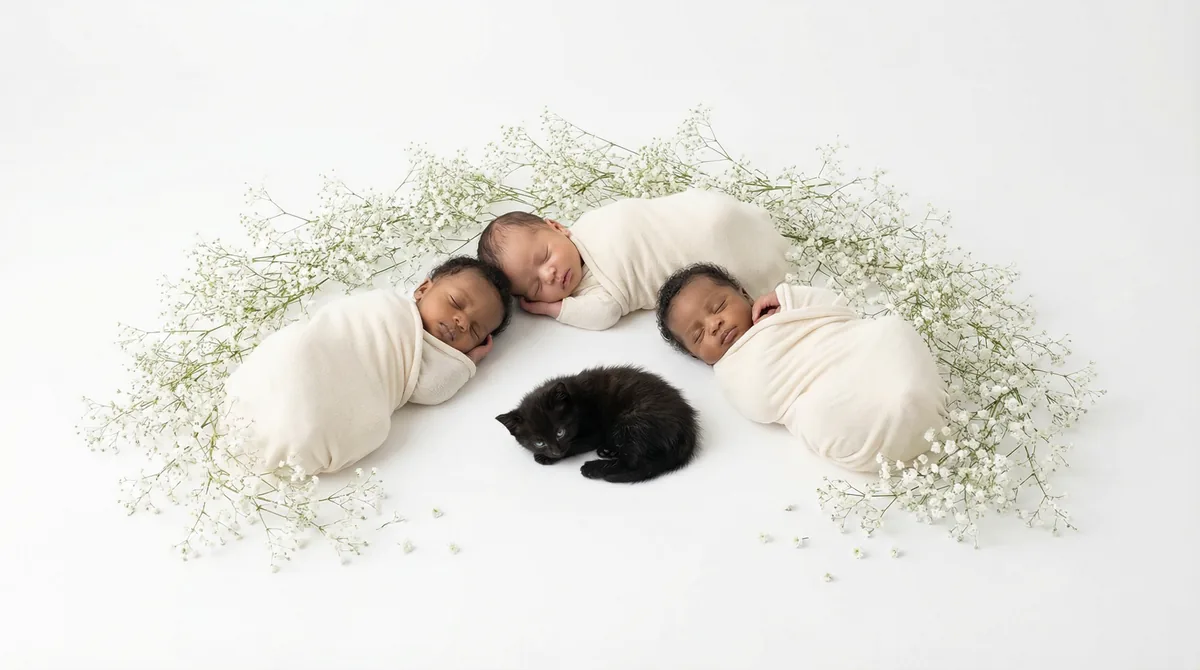 Newborn baby with kitten in fashion photoshoot featuring kitten breath black