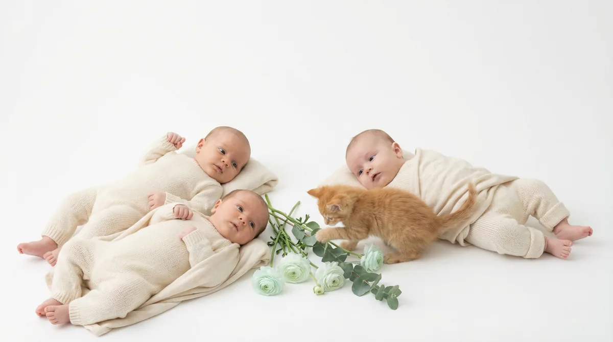 Newborn baby with kitten in fashion photoshoot featuring kitten mint flowers ginger