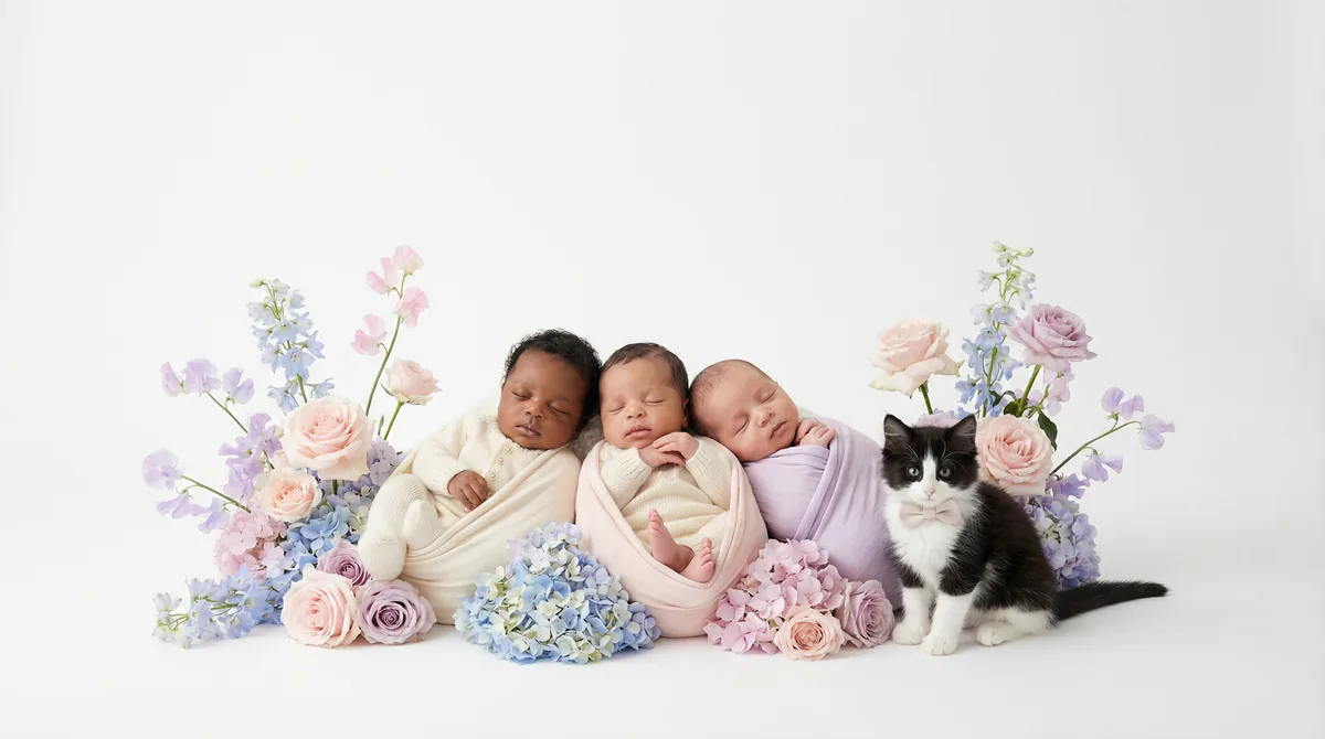 Newborn baby with kitten in fashion photoshoot featuring kitten pastels tuxedo