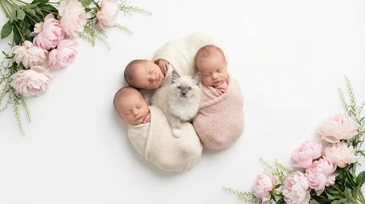 Newborn baby with kitten in fashion photoshoot featuring kitten pink peonies ragdoll