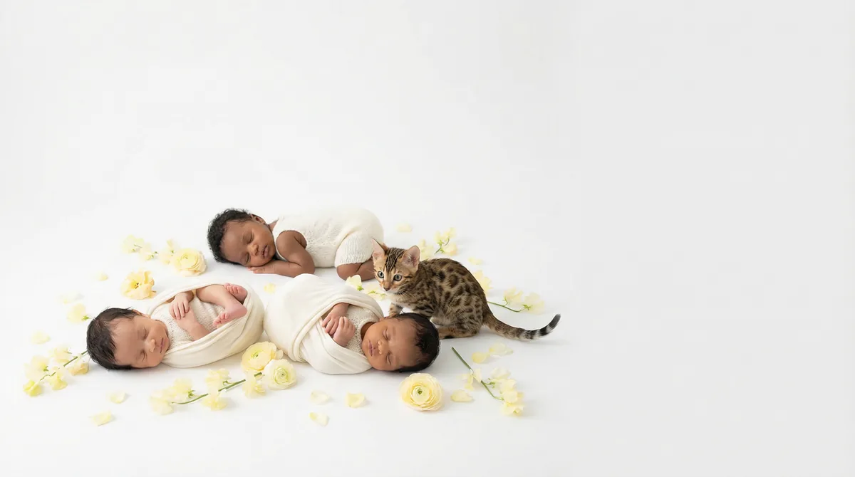 Newborn baby with kitten in fashion photoshoot featuring kitten yellow blooms bengal