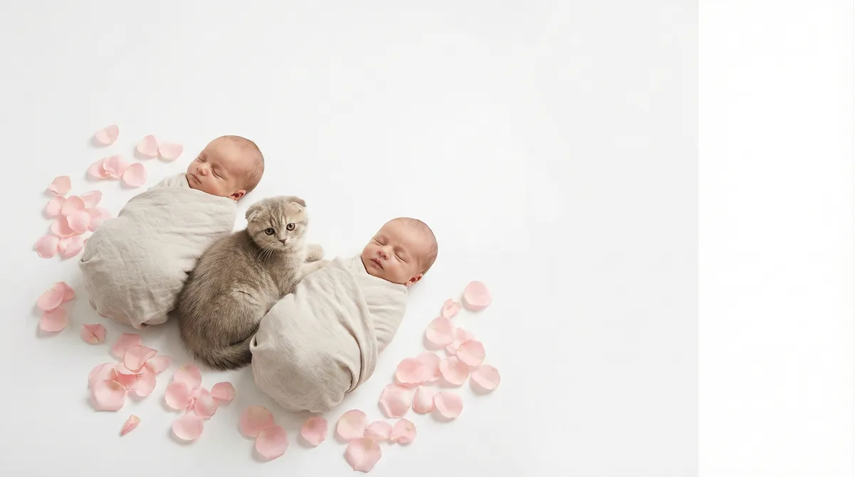 Newborn baby with kitten in fashion photoshoot featuring kitten rose petals scottish fold