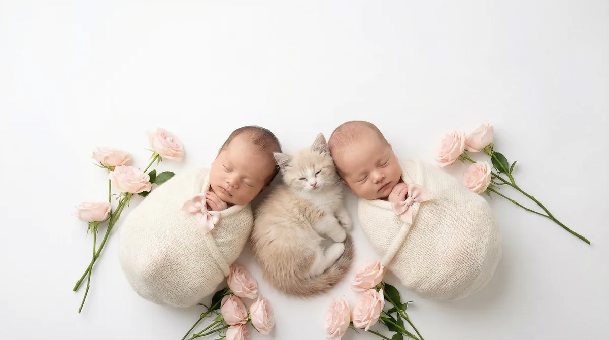Newborn baby with kitten in fashion photoshoot featuring kitten blush roses munchkin