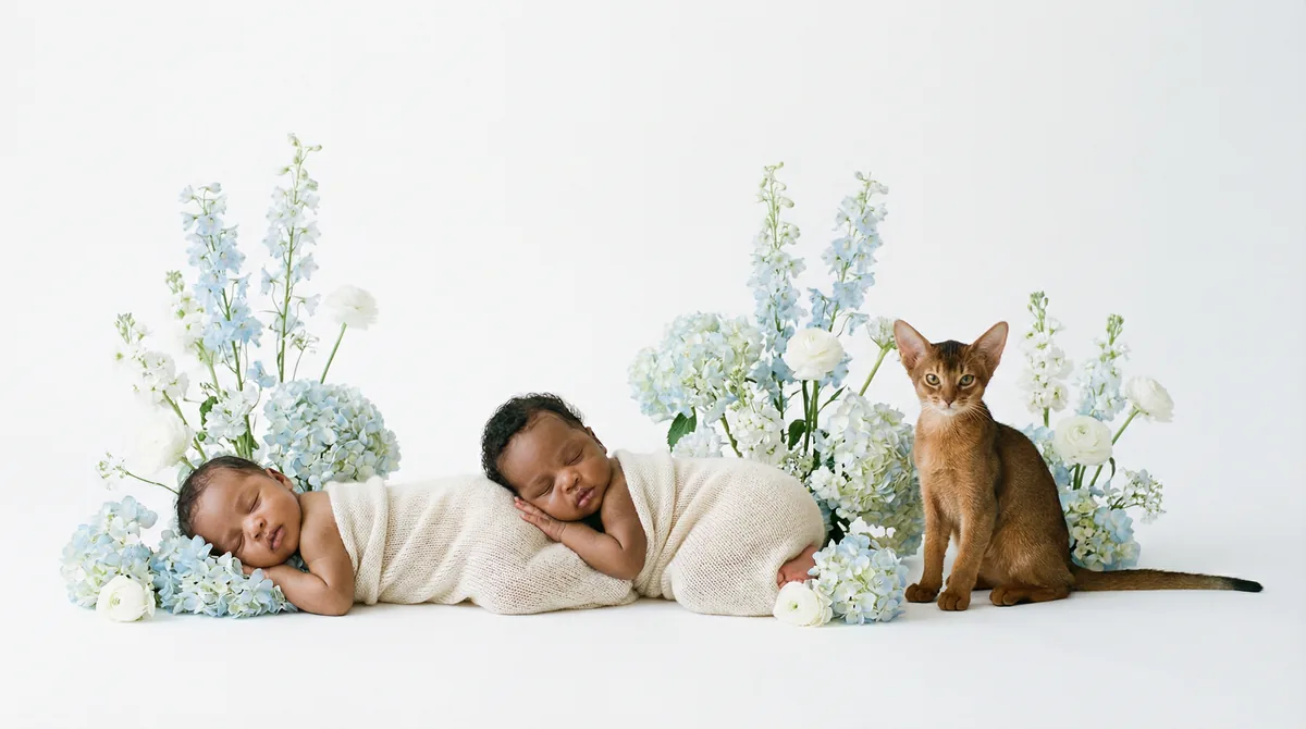 Newborn baby with kitten in fashion photoshoot featuring kitten sky blue abyssinian