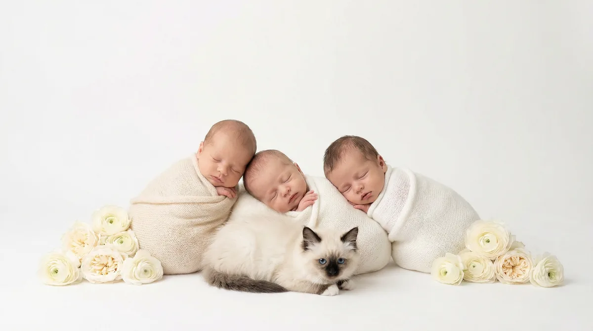 Newborn baby with kitten in fashion photoshoot featuring kitten cream white birmanese
