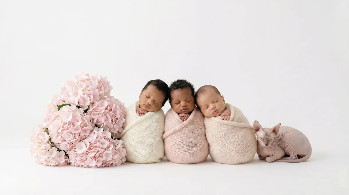 Newborn baby with kitten in fashion photoshoot featuring kitten pink hydrangeas sphynx