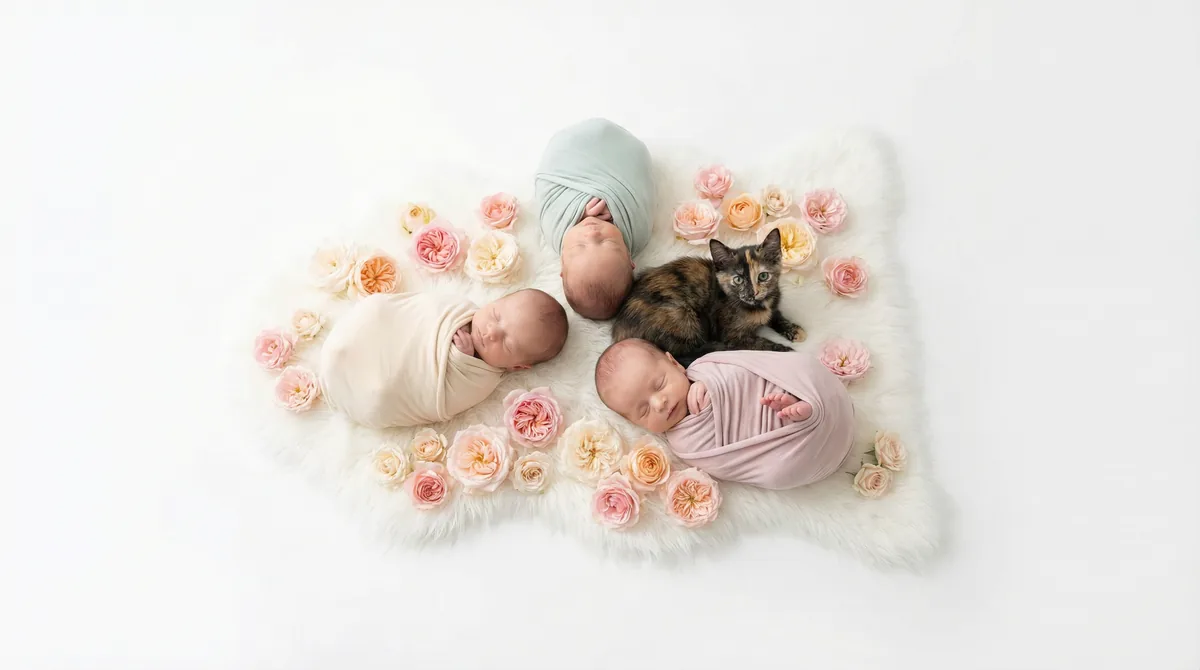Newborn baby with kitten in fashion photoshoot featuring kitten roses tortoiseshell
