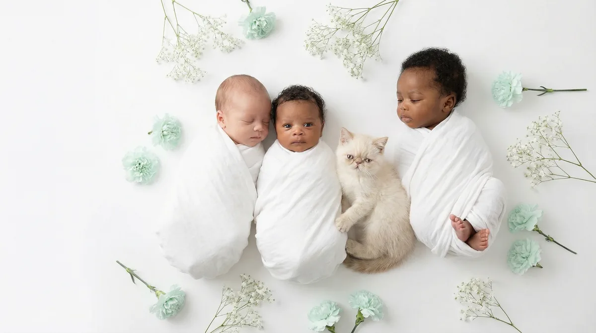 Newborn baby with kitten in fashion photoshoot featuring kitten mint breath exotic