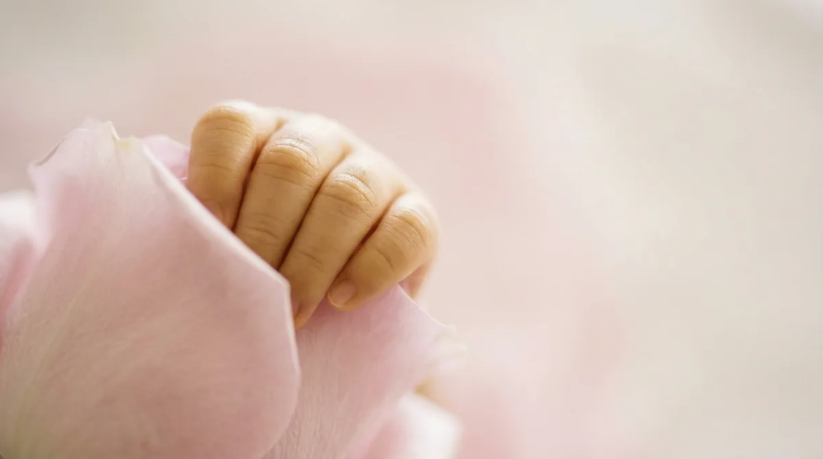 Artistic close-up of newborn baby with macro fingers touching petal