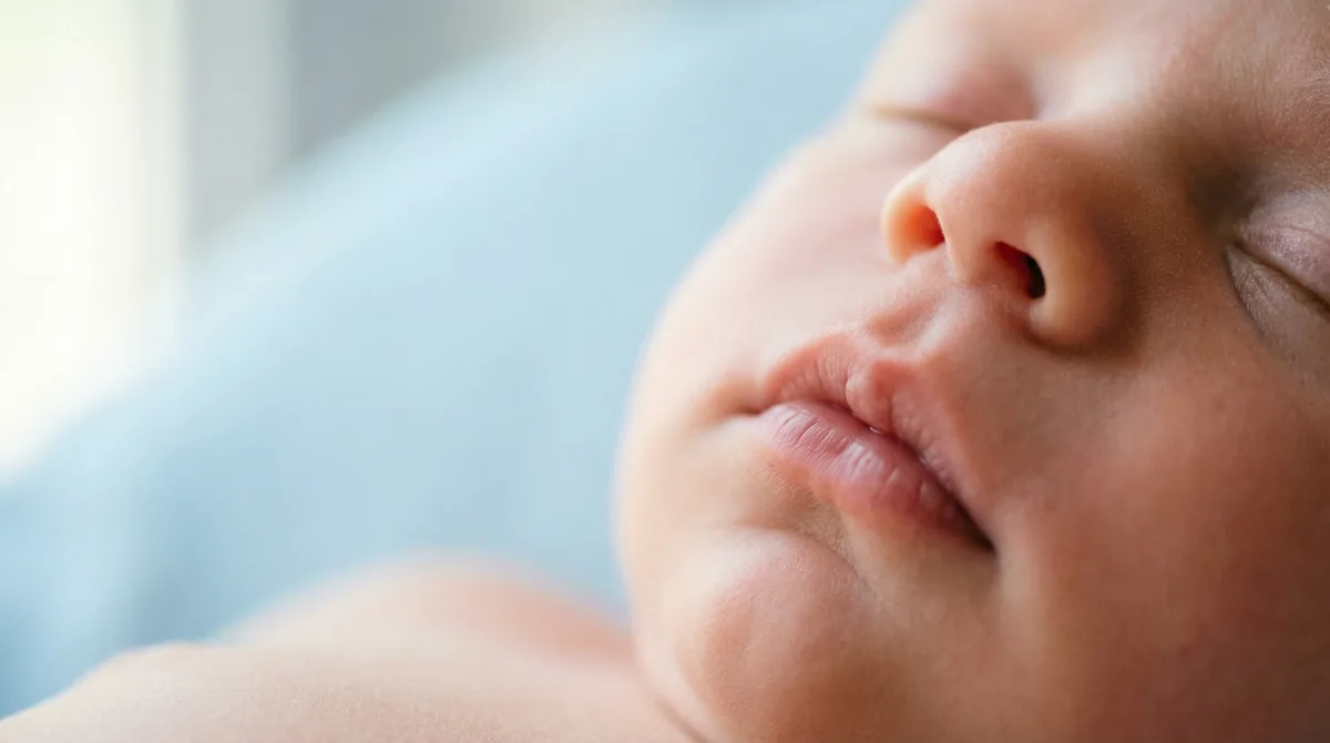 Artistic close-up of newborn baby with macro lips peaceful sleep