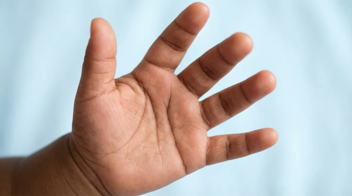 Artistic close-up of newborn baby with macro fingers open palm