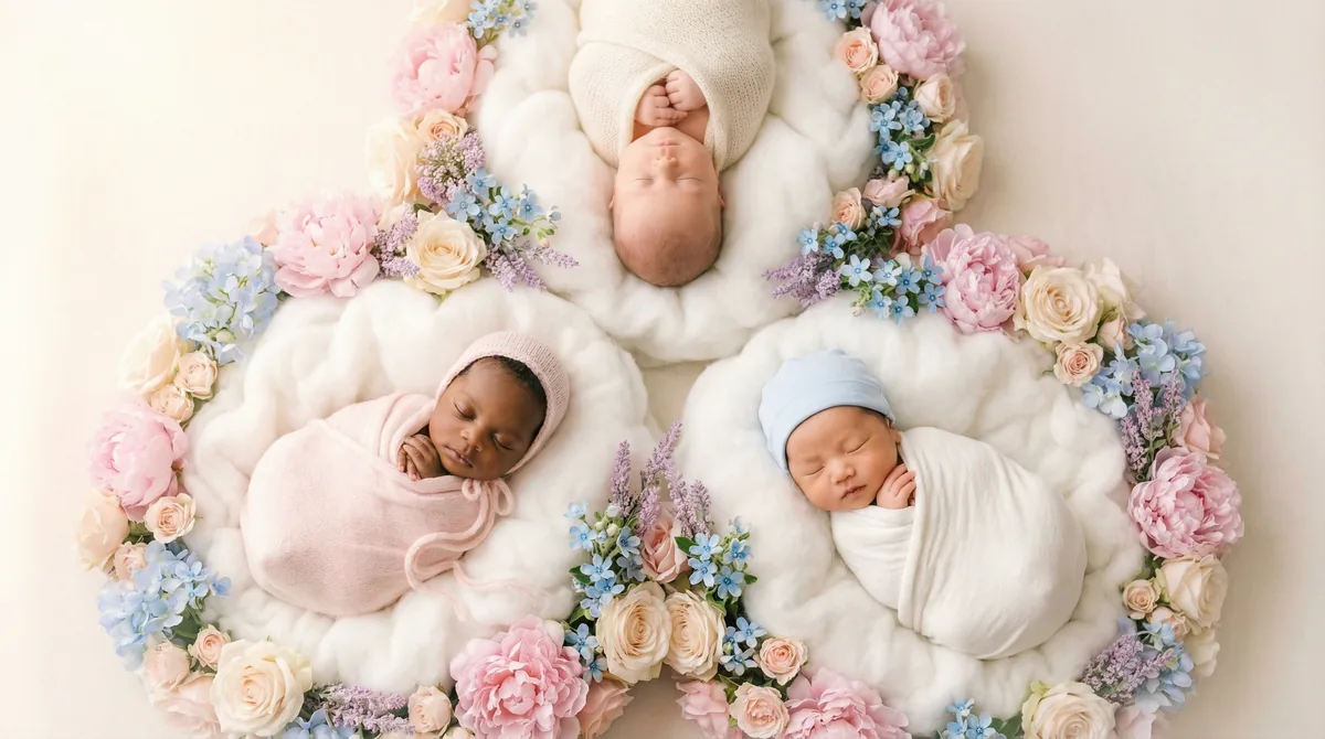 Newborn babies surrounded by florals: newborn floral overhead triangular