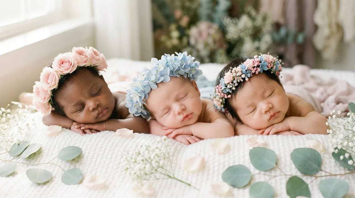 Newborn babies surrounded by florals: newborn floral flower crowns