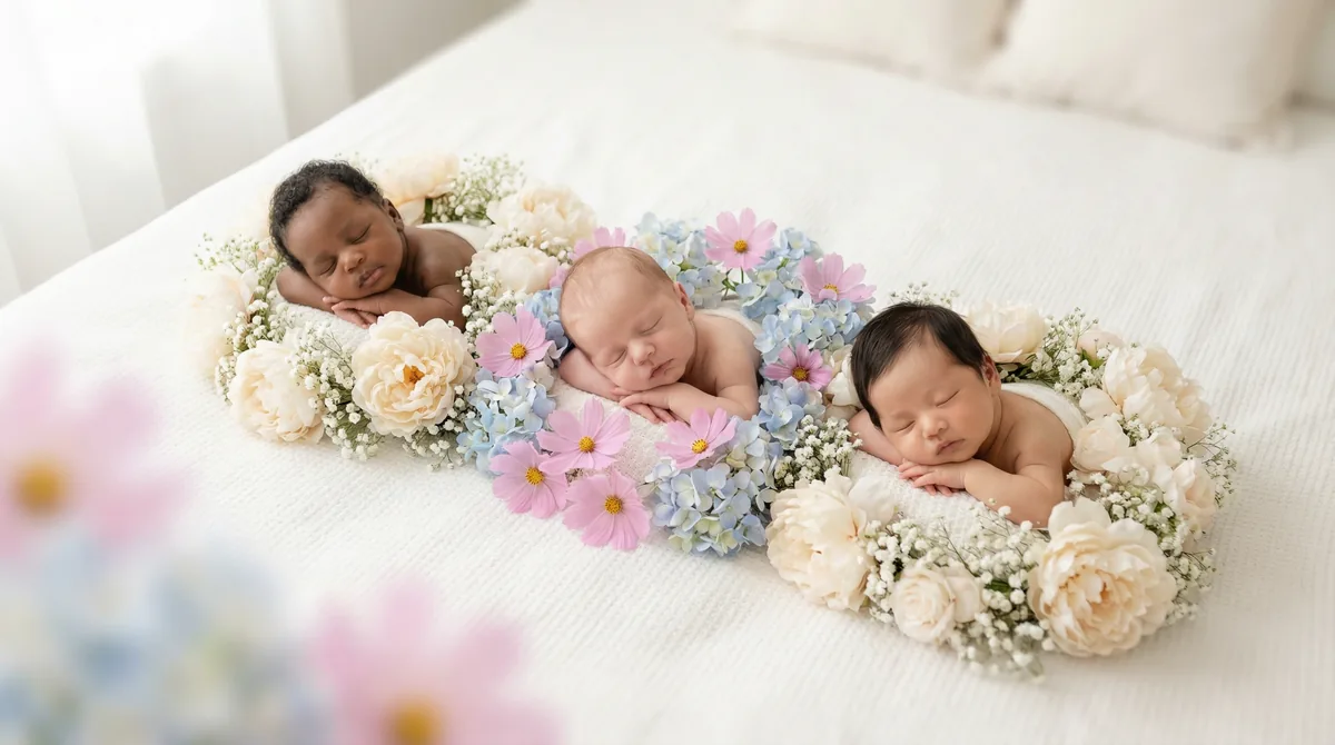 Newborn babies surrounded by florals: newborn floral tilt shift
