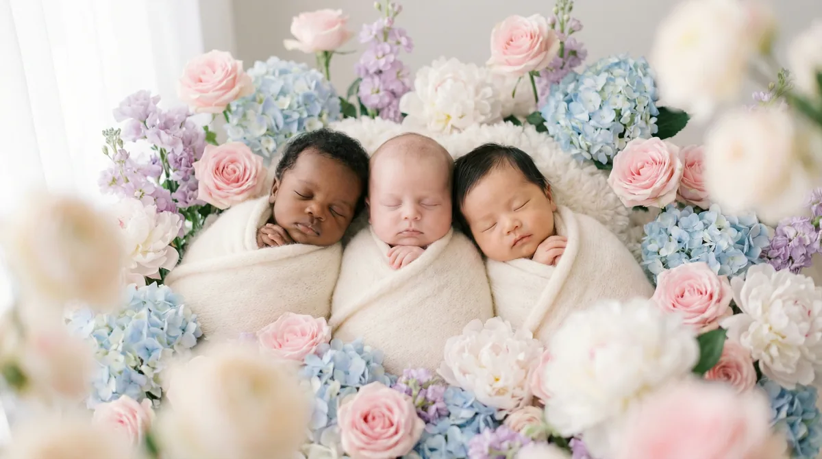 Newborn babies surrounded by florals: newborn floral bokeh background