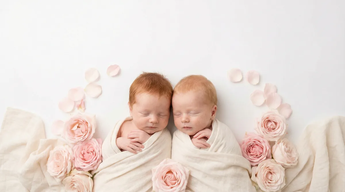 Redhead babies in fashion photoshoot with redhead two babies pink roses