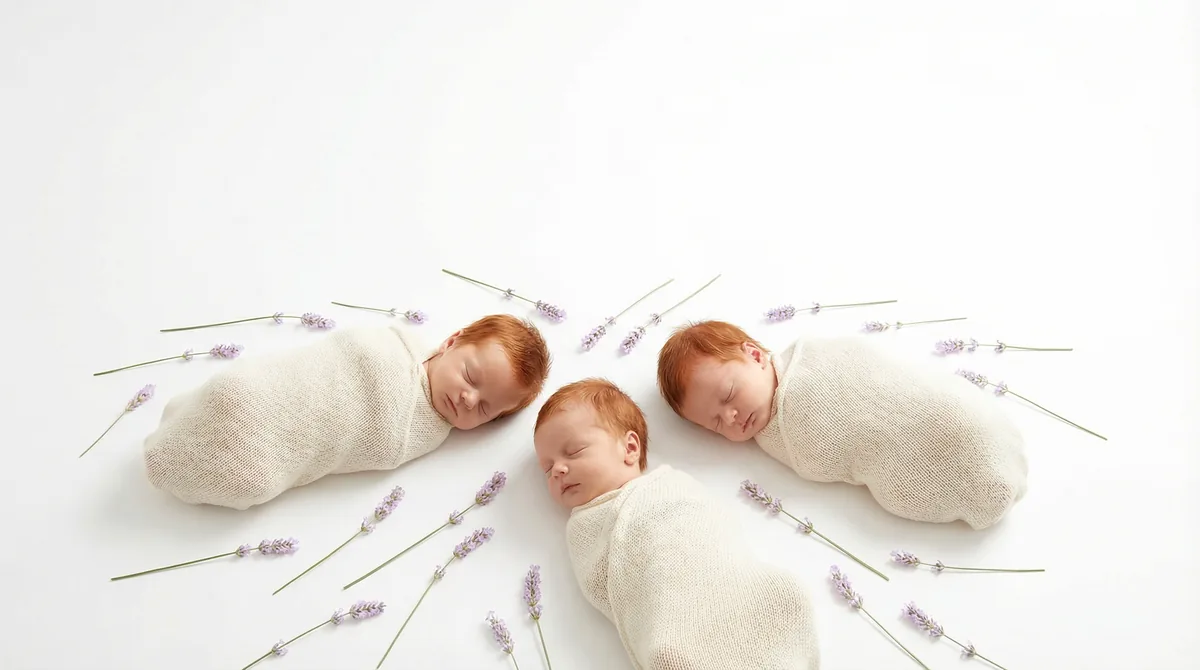 Redhead babies in fashion photoshoot with redhead three babies lavender