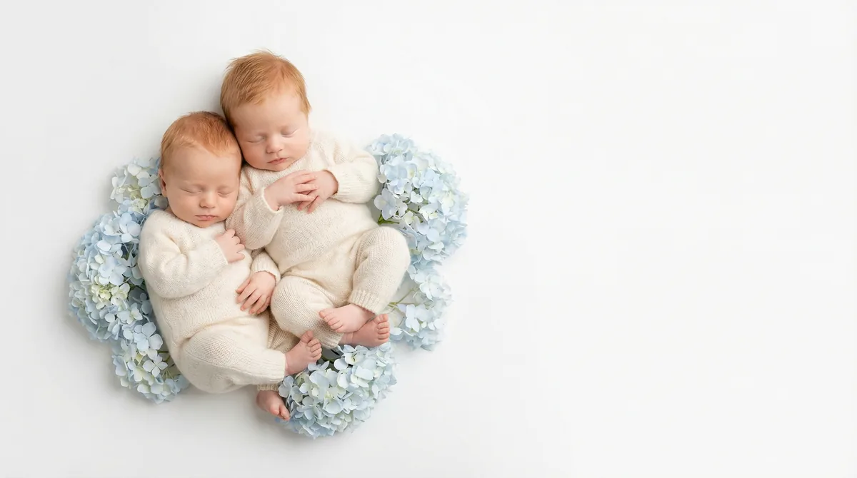 Redhead babies in fashion photoshoot with redhead two babies blue hydrangeas