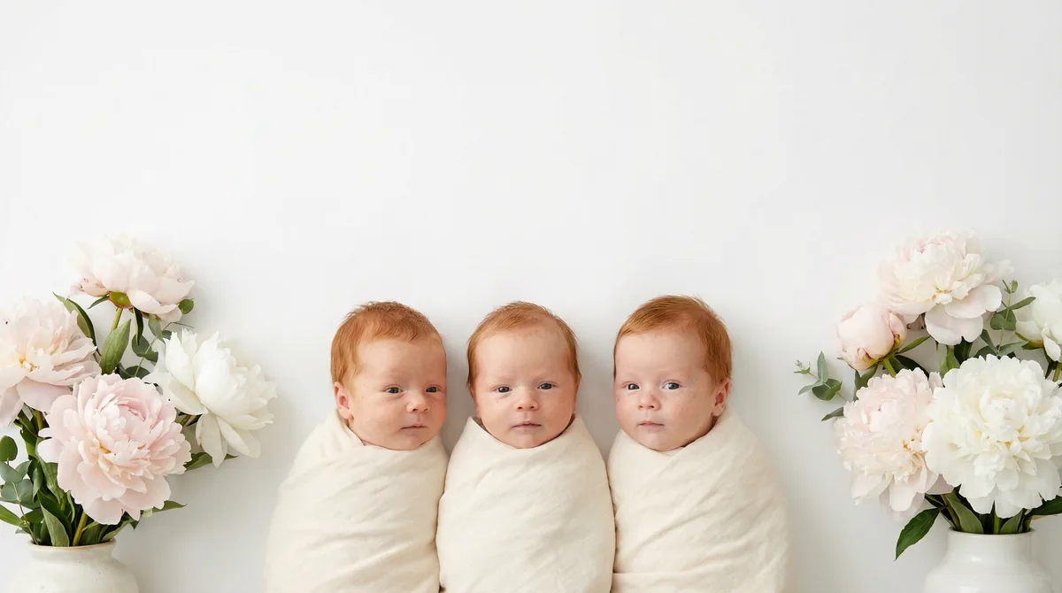 Redhead babies in fashion photoshoot with redhead three babies white peonies