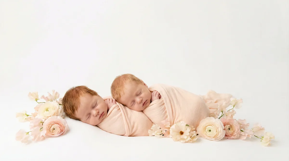 Redhead babies in fashion photoshoot with redhead two babies peach blooms